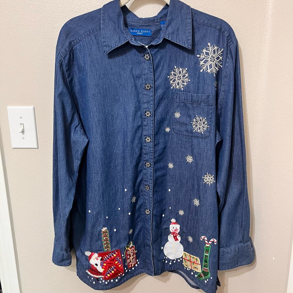 Karen Scott Sport Christmas Button Up Sz XL Chambray Cotton‎